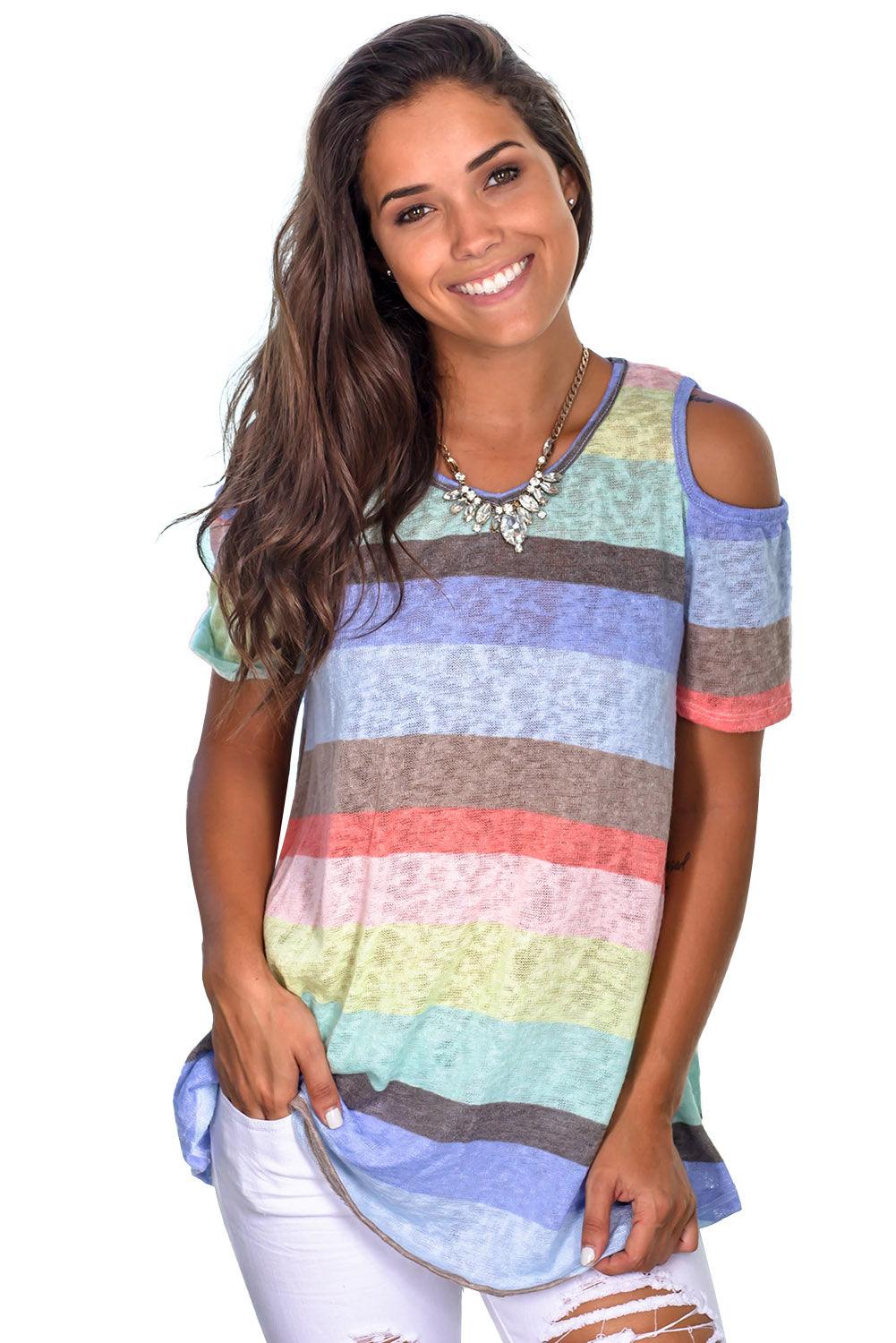 Multicolor Striped Knit Cold Shoulder Lightweight Top - L & M Kee, LLC