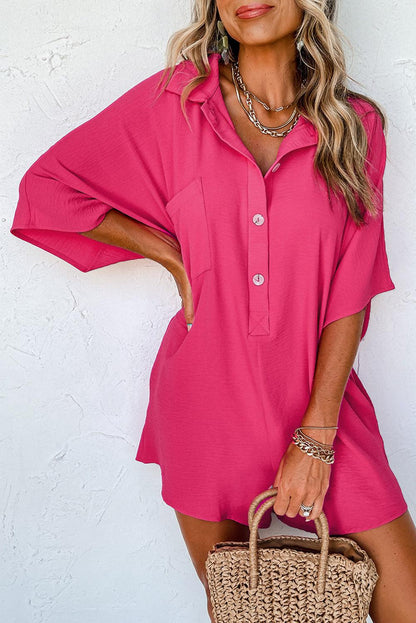 Bright Pink Half Button Collared Loose Romper - L & M Kee, LLC