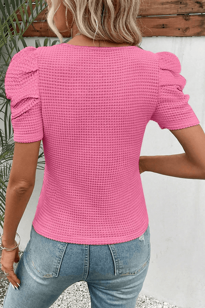 Bright Pink Waffle Knit Ruched Puff Sleeve Top - L & M Kee, LLC