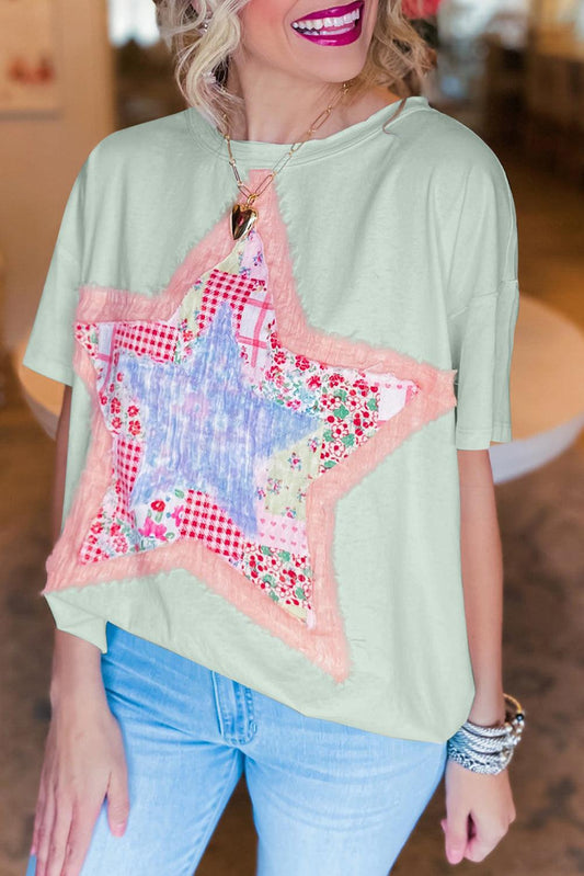 Meadow Mist Green Star Patchwork Loose T-shirt - L & M Kee, LLC