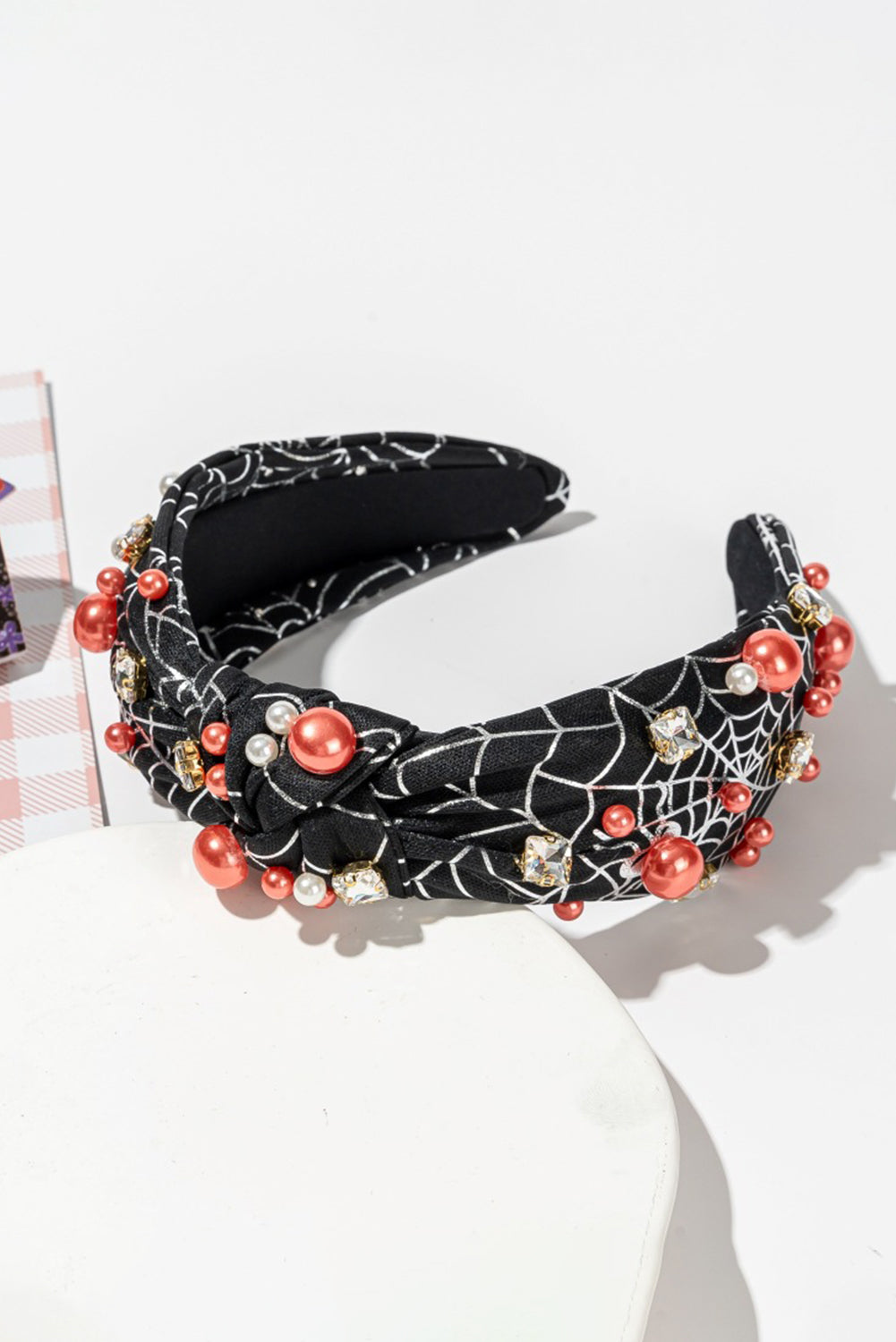 Black Pearled Rhinestone Knotted Spiderweb Halloween Headband