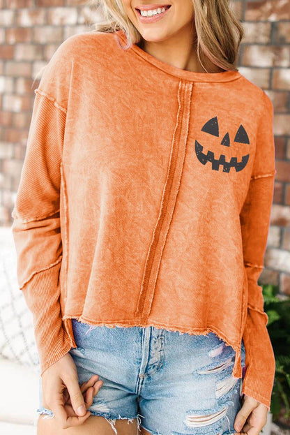 Orange Halloween Pumpkin Face Exposed Seam Patchwork Sweatshirt - L & M Kee, LLC