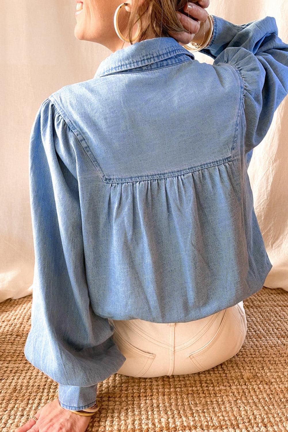 Sky Blue V-shape Stitching Puff Sleeve Denim Shirt - L & M Kee, LLC