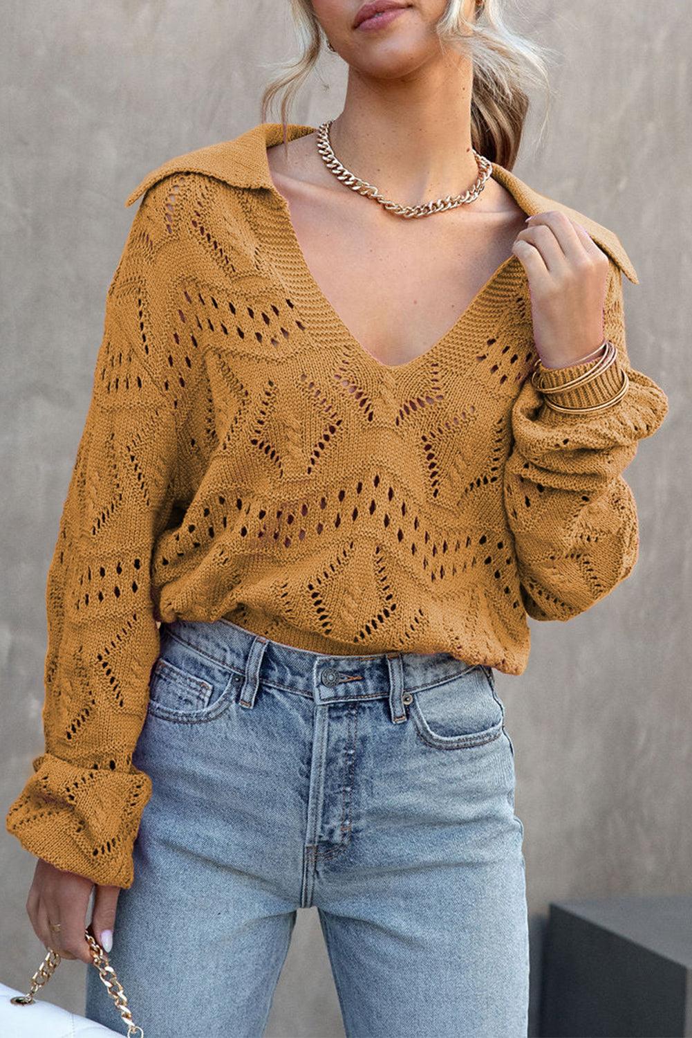 Khaki Hollowed Pattern Knit V Neck Collared Sweater - L & M Kee, LLC