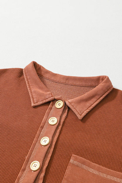 Chestnut Waffle Exposed Seam Pocket Henley Sweatshirt - L & M Kee, LLC