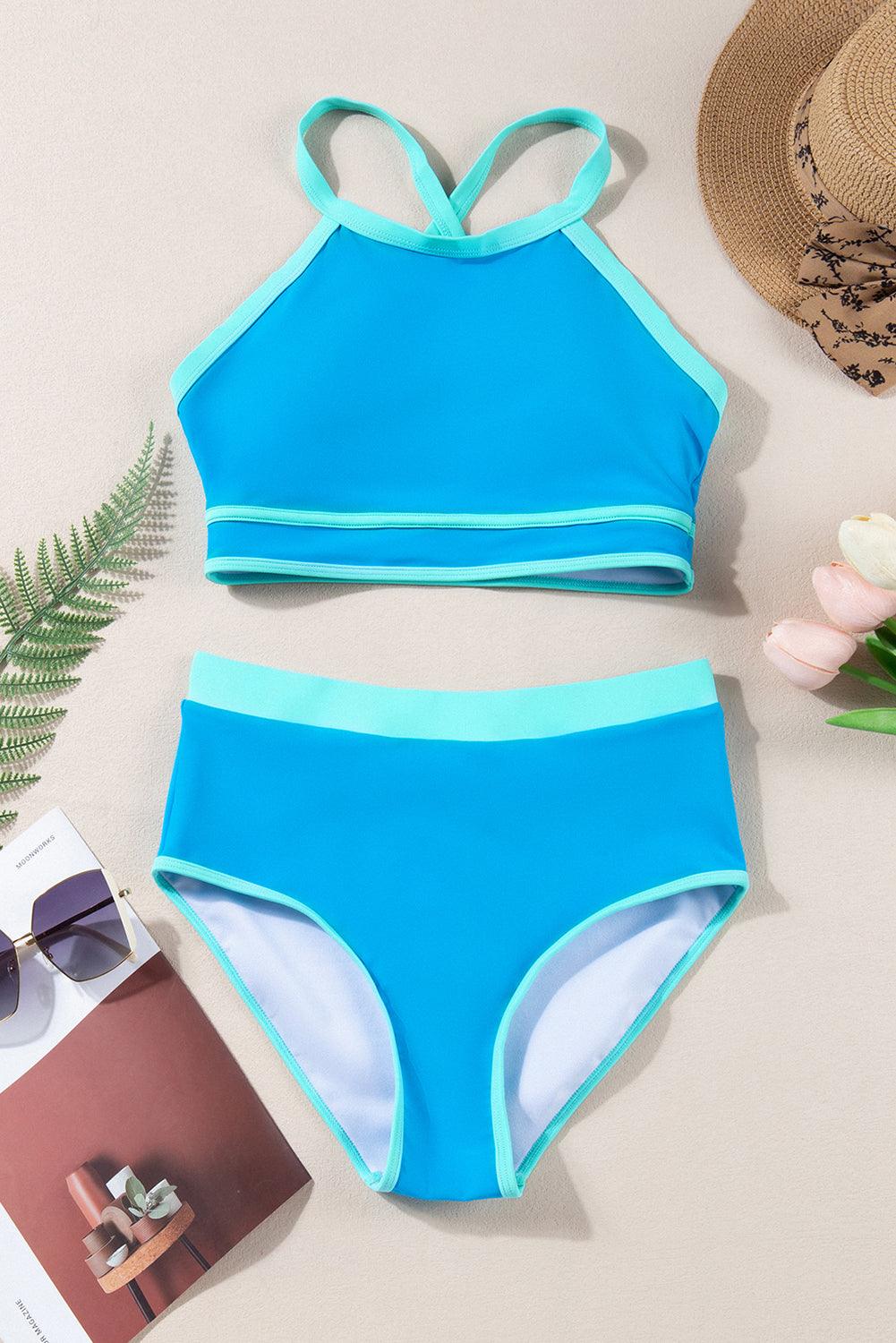 Blue Contrast Trim Crisscross Back High Waisted Bikini - L & M Kee, LLC