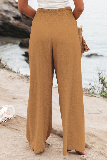 Khaki Smocked Wide Waistband High Waist Wide Leg Pants - L & M Kee, LLC