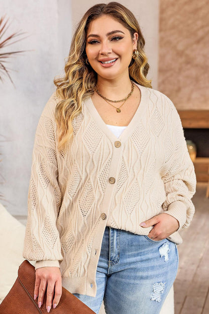 Apricot Plus Size Knitted Hollow out Button up Cardigan - L & M Kee, LLC