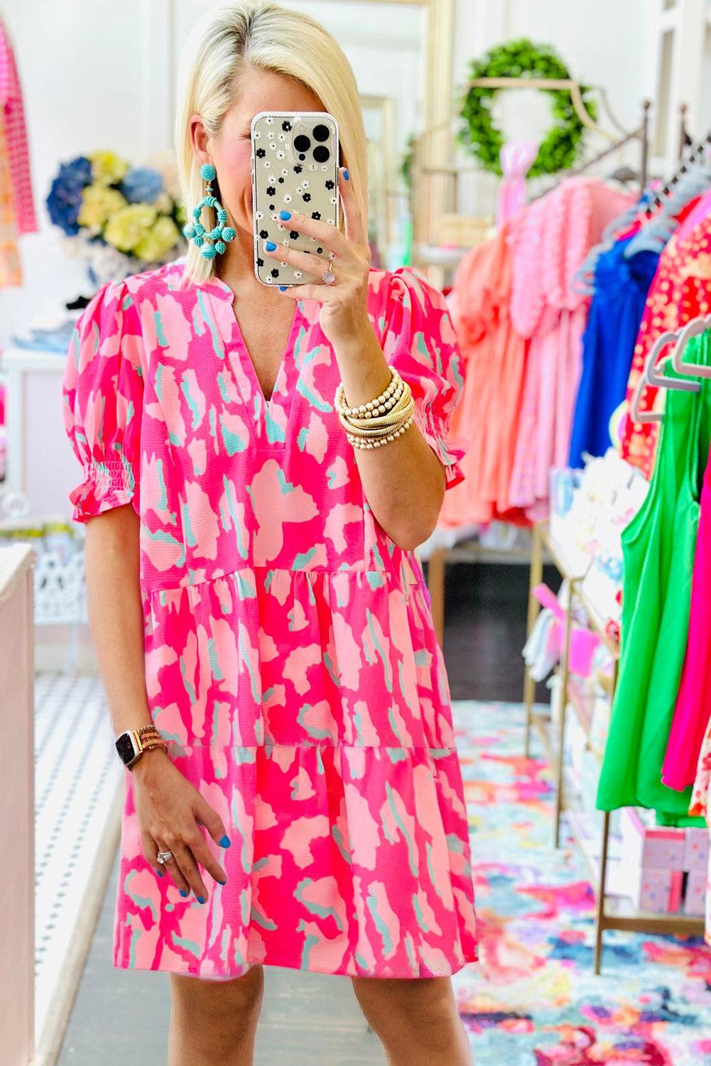 Pink Abstract Printed Puff Short Sleeve Tiered Loose Dress - L & M Kee, LLC