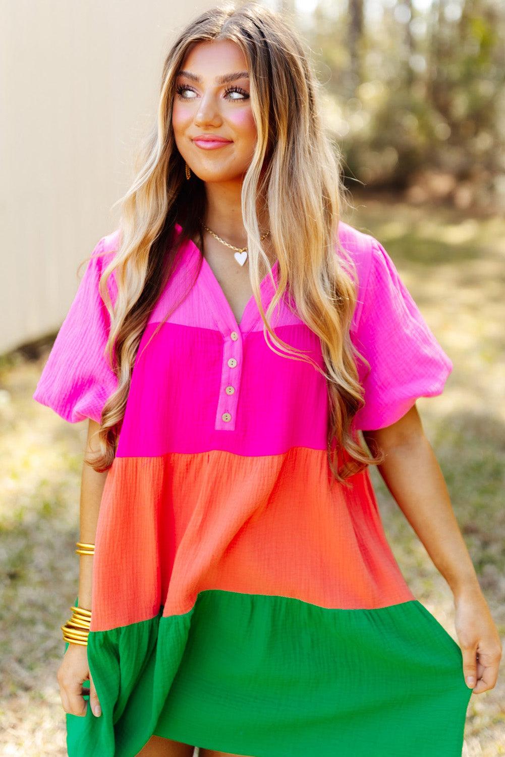 Multicolor Color Block Tiered Puff Sleeve Dress - L & M Kee, LLC