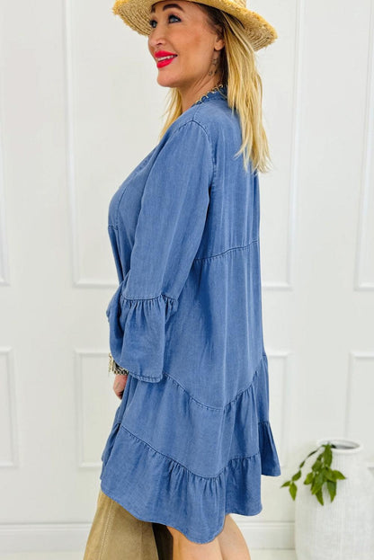 Sky Blue Chambray Ruffled 3/4 Sleeve Tiered Split V Neck Mini Dress - L & M Kee, LLC