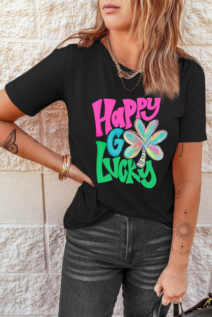 Black Happy GO Lucky Clover Print Crew Neck T Shirt - L & M Kee, LLC