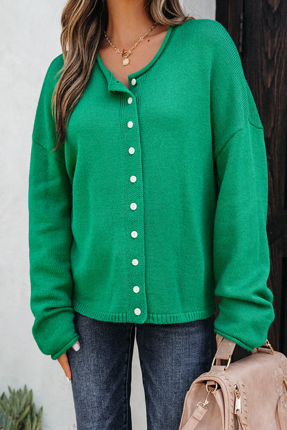 Bright Green Solid Color Knit Button Drop Shoulder Sweater Cardigan