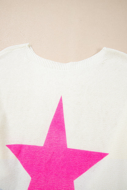 White Star Pattern Colorblock Striped Edge Drop Shoulder Sweater