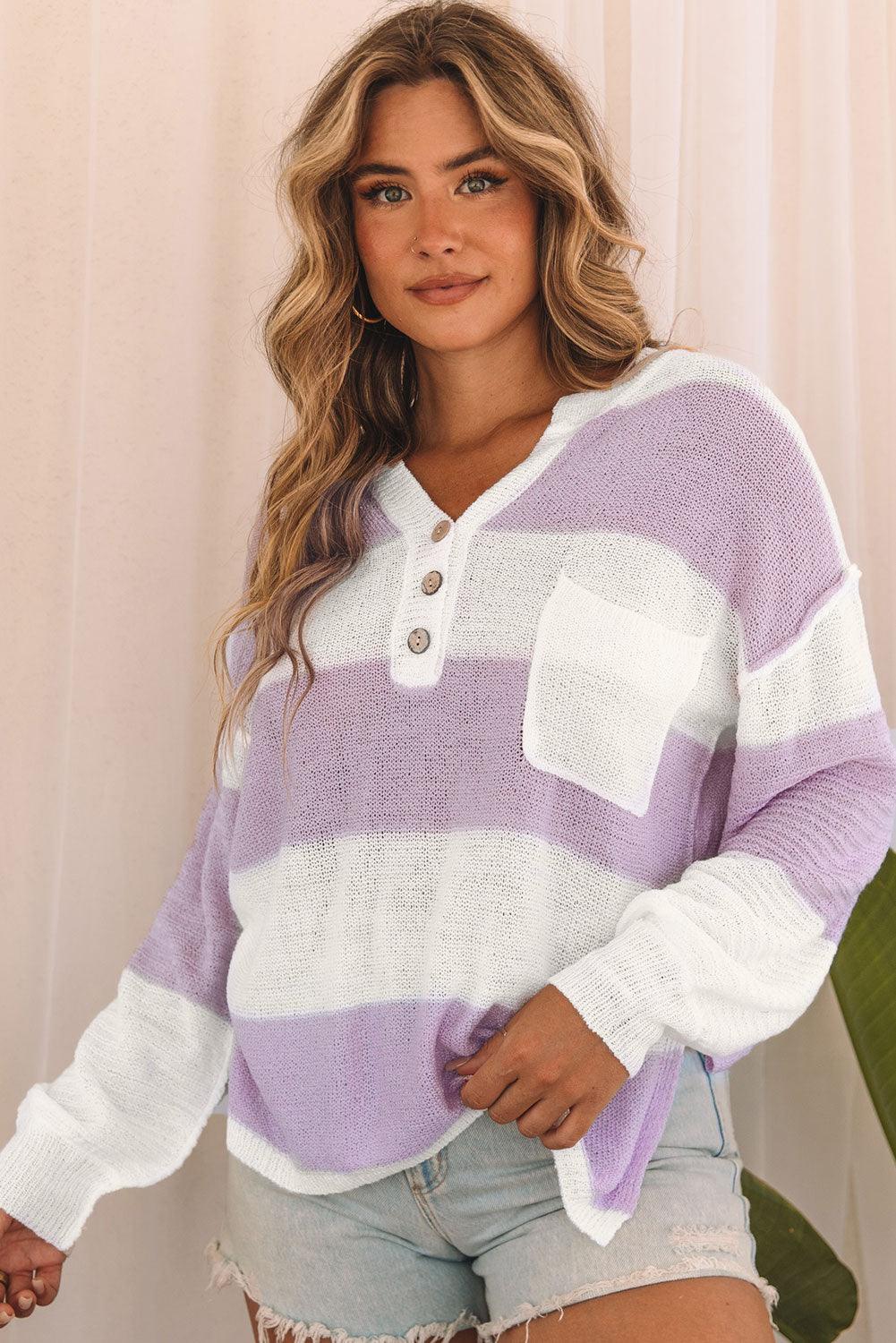 Striped Knit Button Ribbed Split Neck Sweater - L & M Kee, LLC