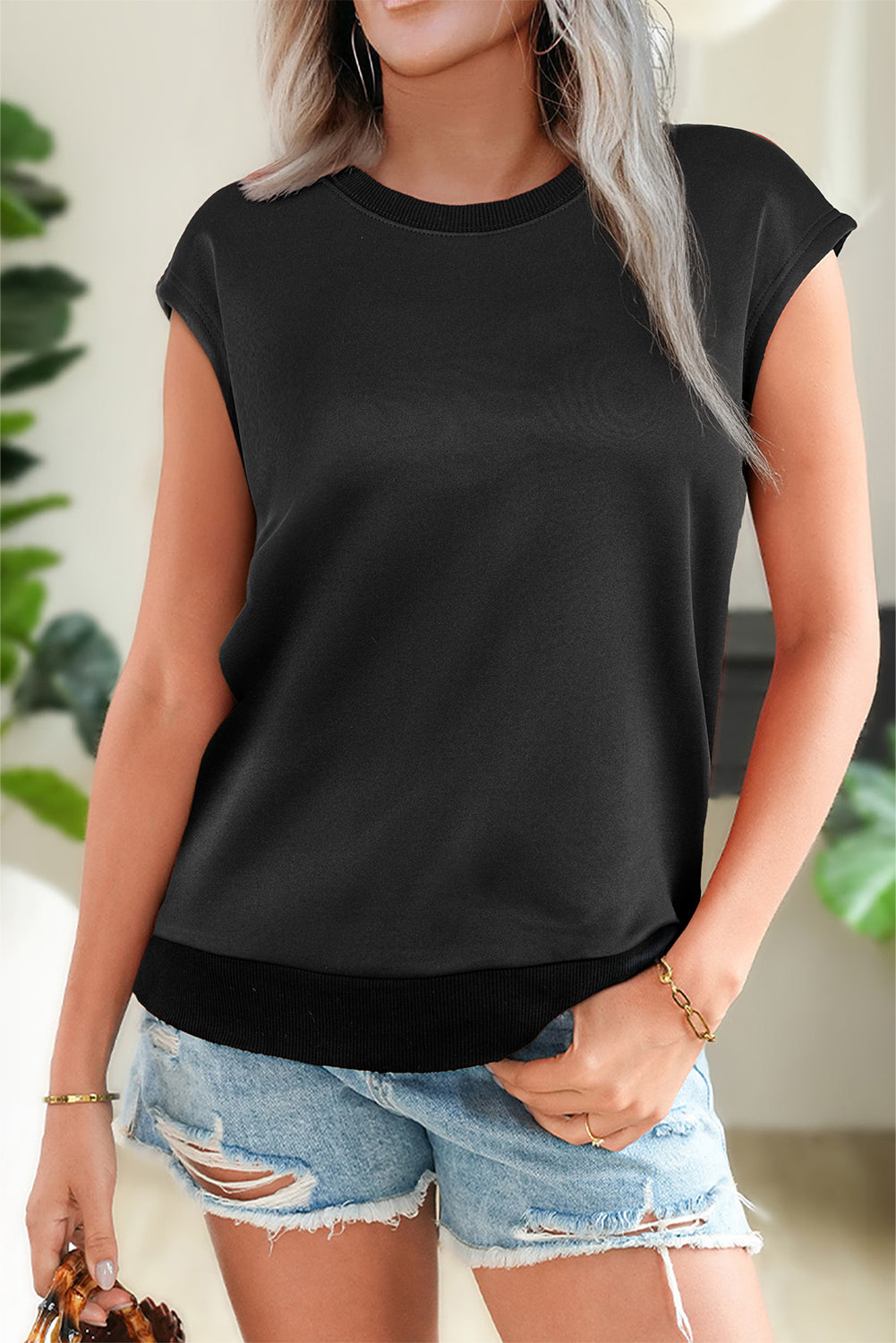 Black Solid Color Ribbed Trim Round Neck Cap Sleeve Casual Sweatshirt