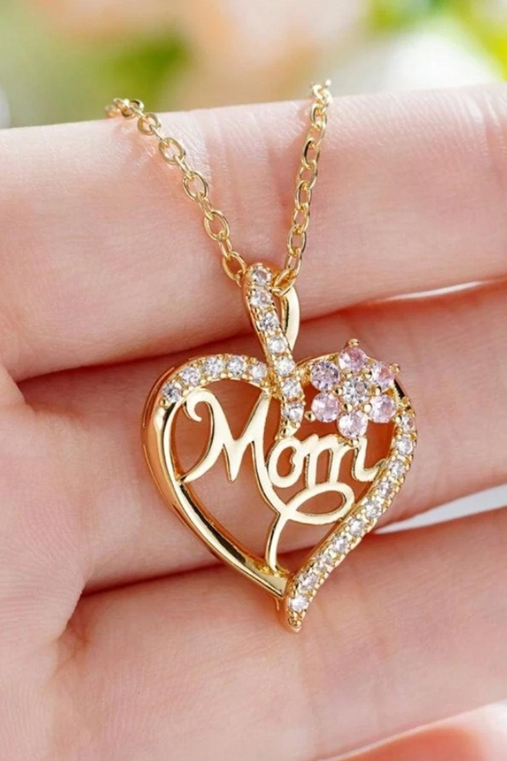 Gold Mom Rhinestone Flower Hollow-out Heart Necklace