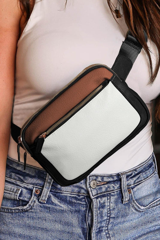White Leather Colorblock Zipped Removable Clip Crossbody Bag - L & M Kee, LLC