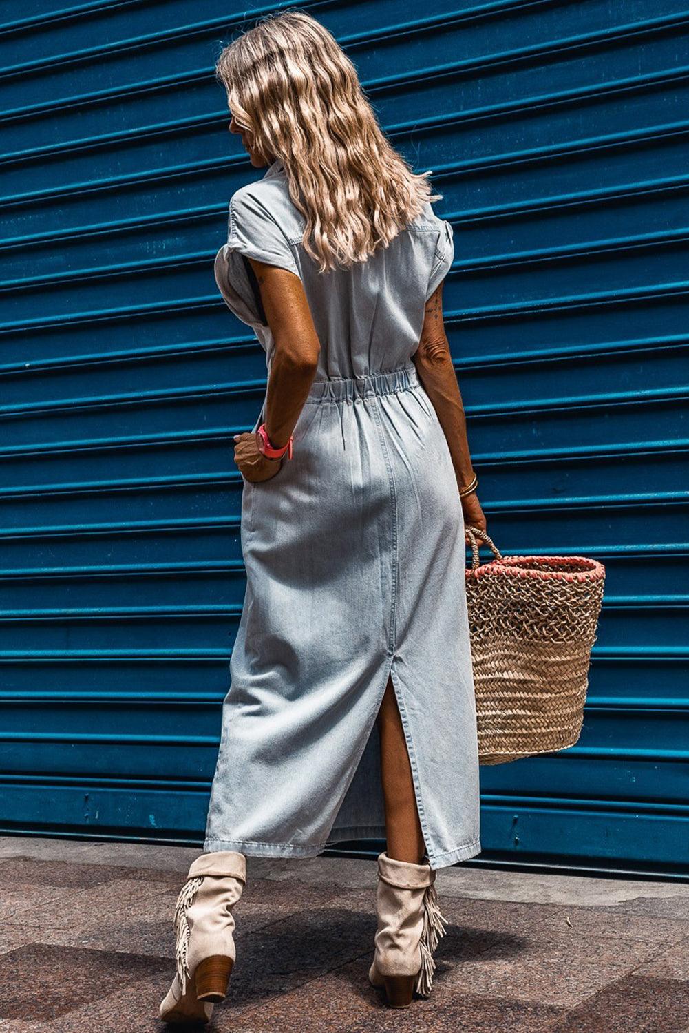 Beau Blue Short Batwing Sleeve Slit Back Denim Dress - L & M Kee, LLC