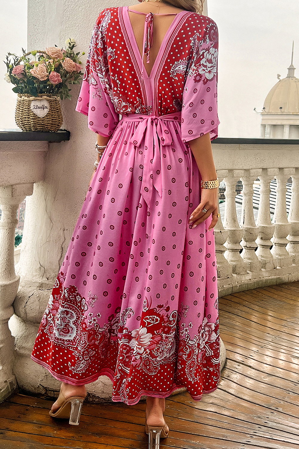 Pink Floral Print Knotted Open Back High Waist Maxi Dress