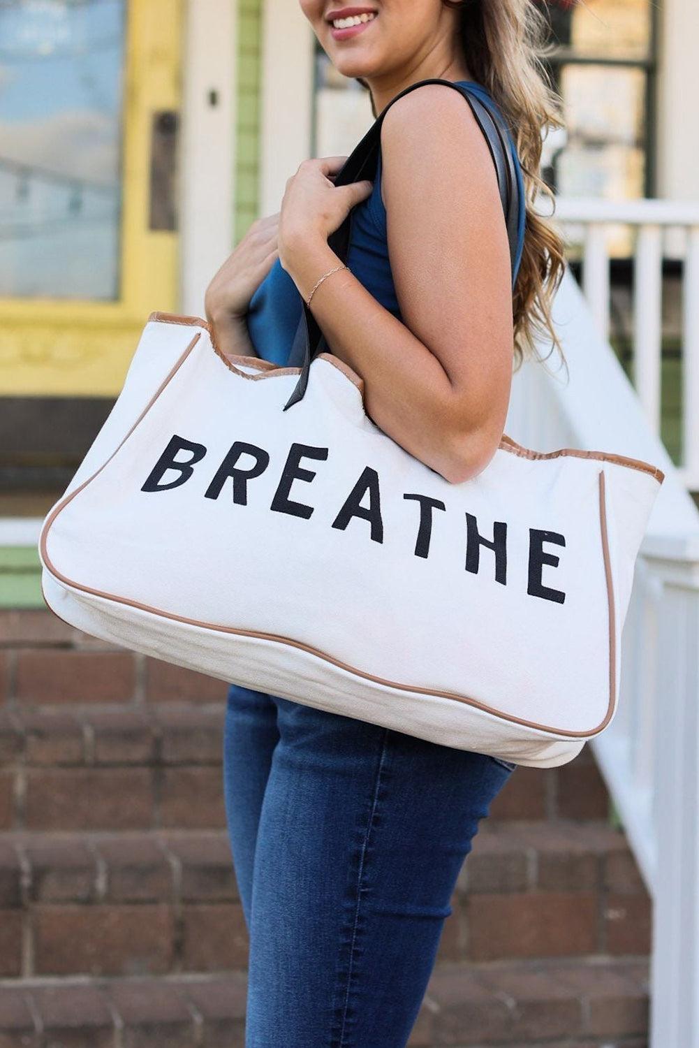 White Vacation BREATHE Contrast Trim Large Tote Bag