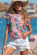 Pink Tropical Floral Print Frilly Notched Neck Ruffled Short Sleeve Blouse