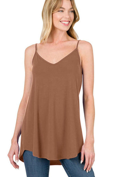 Chestnut Spaghetti Strap V-Neck Flowy Tunic Tank Top - L & M Kee, LLC