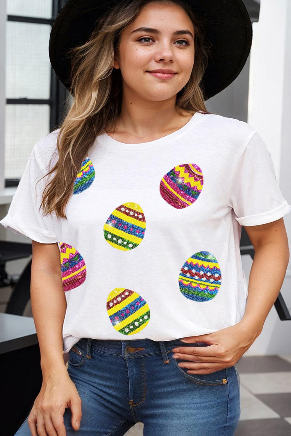 White Sequin Easter Egg Graphic Plus Size T Shirt