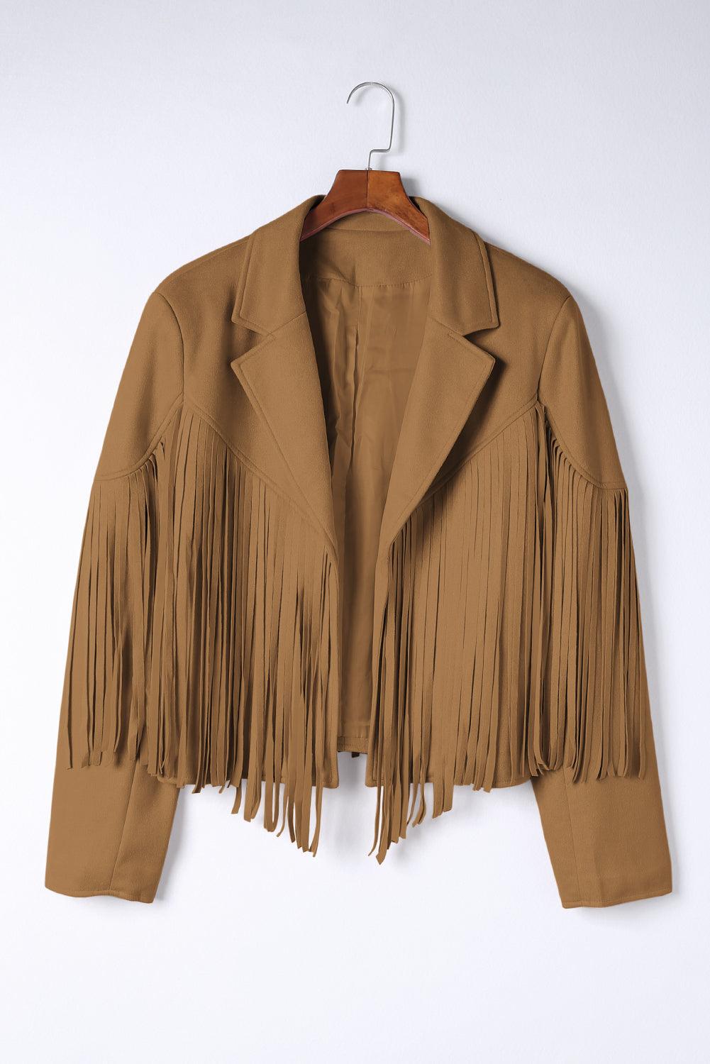 Camel Fringe Plus Size Cropped Jacket - L & M Kee, LLC