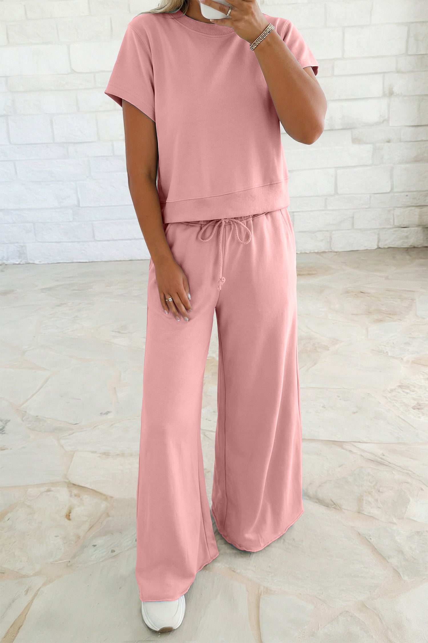 Light Pink Solid Color Loose Tee Drawstring Wide Leg Pants 2pcs Outfit