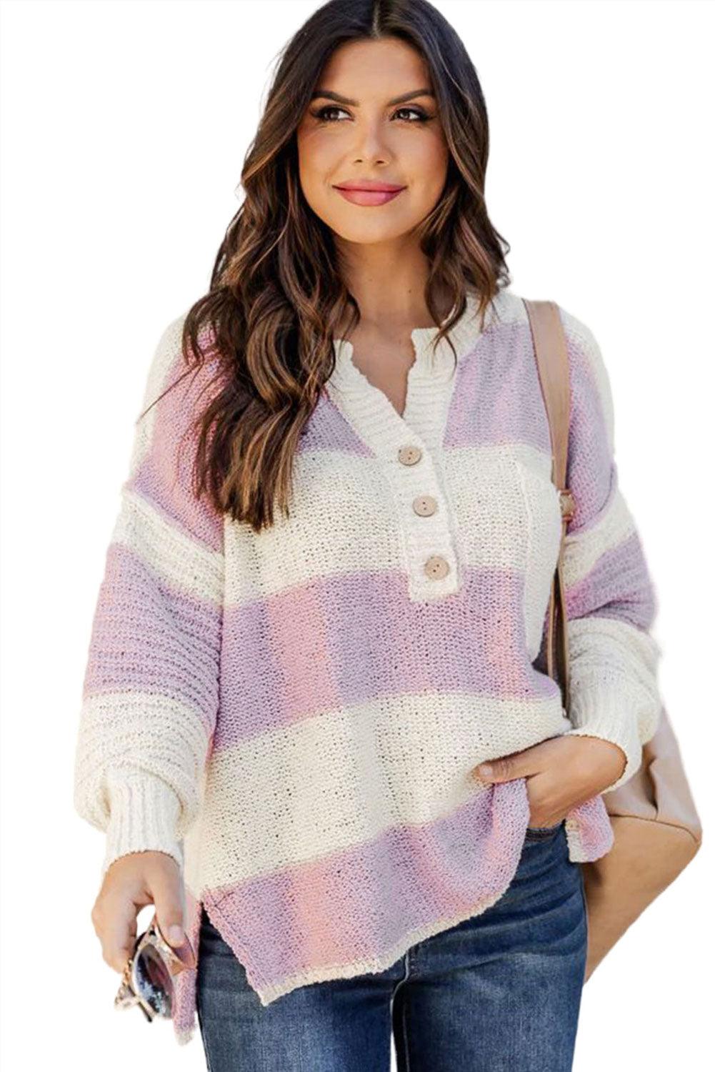 Striped Knit Button Ribbed Split Neck Sweater - L & M Kee, LLC