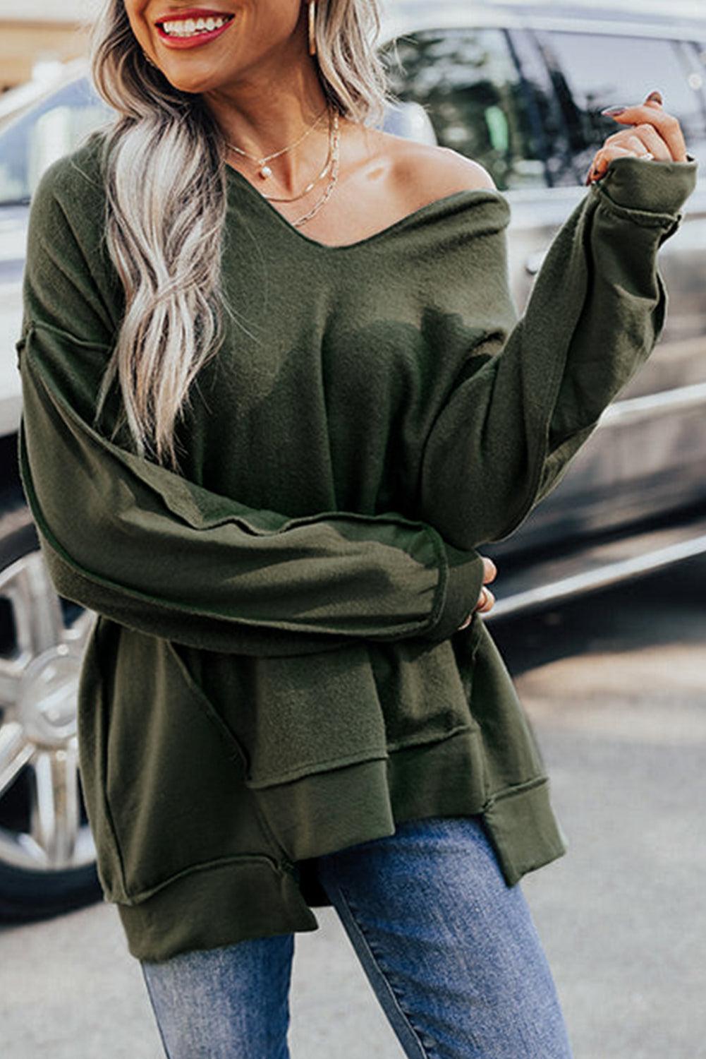 Green Expose Seam Detail Split Neck Long Sleeve Top - L & M Kee, LLC