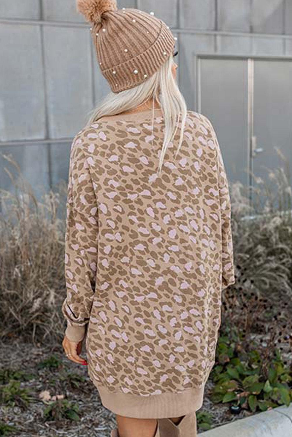 Parchment Leopard Print Side Pockets Long Sleeve Mini Dress - L & M Kee, LLC