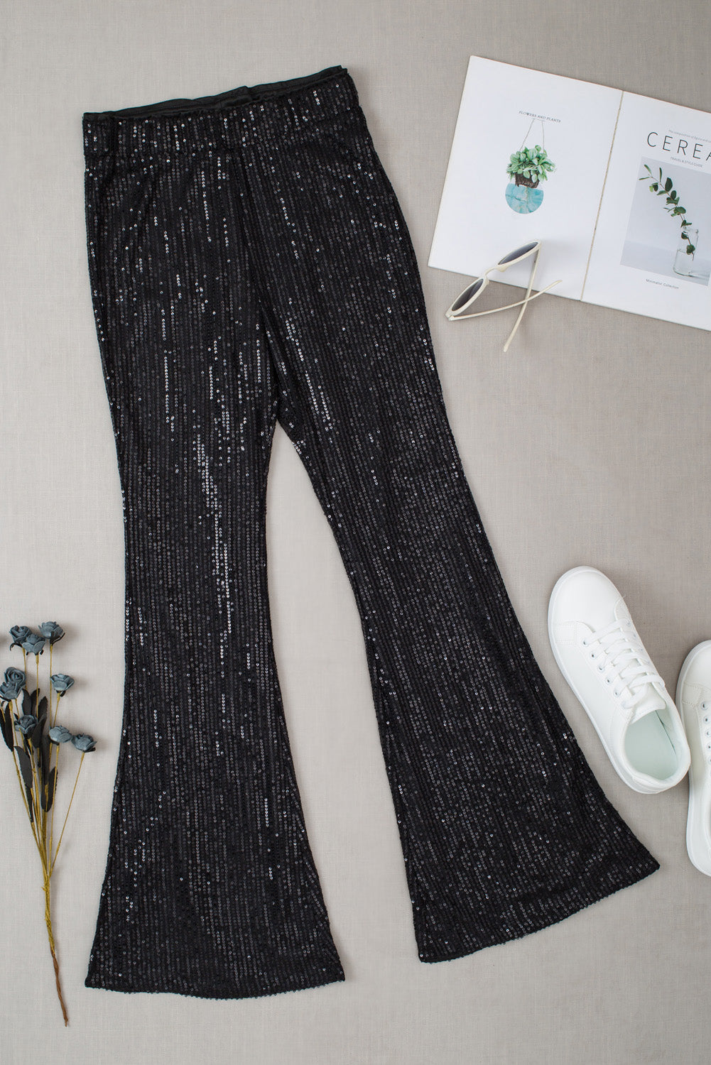 Black Sequin Wide Leg Pants