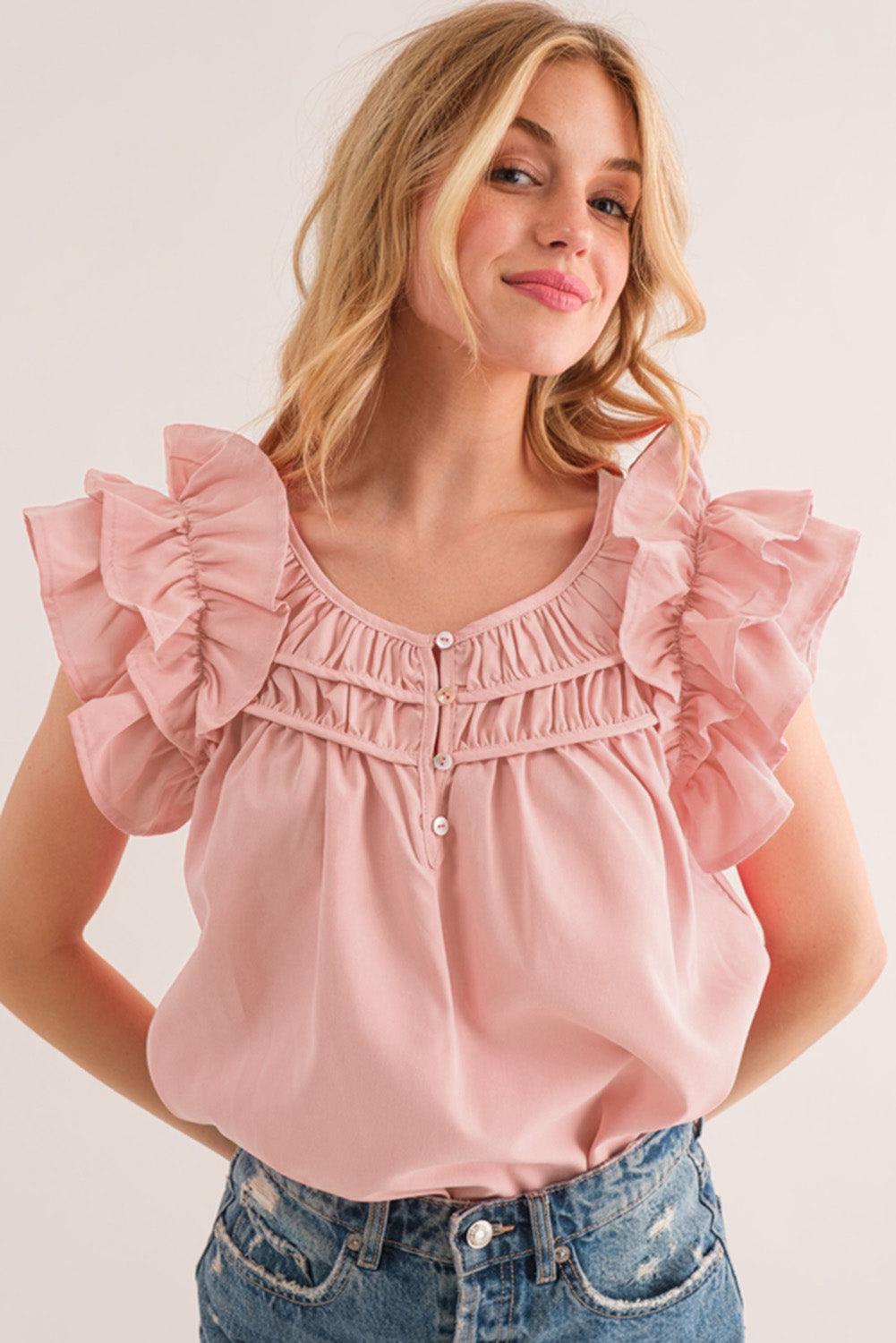 Peach Blossom Shirring Buttoned Neck Ruffle Sleeve Blouse - L & M Kee, LLC