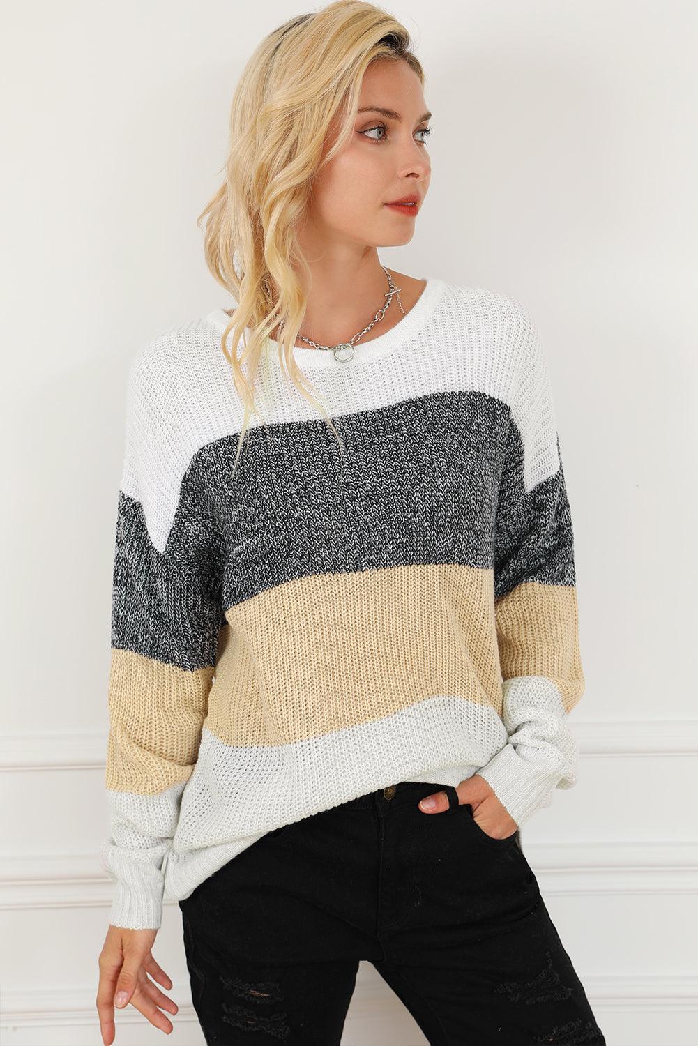 Multicolour Color Block Drop Shoulder Knit Sweater - L & M Kee, LLC