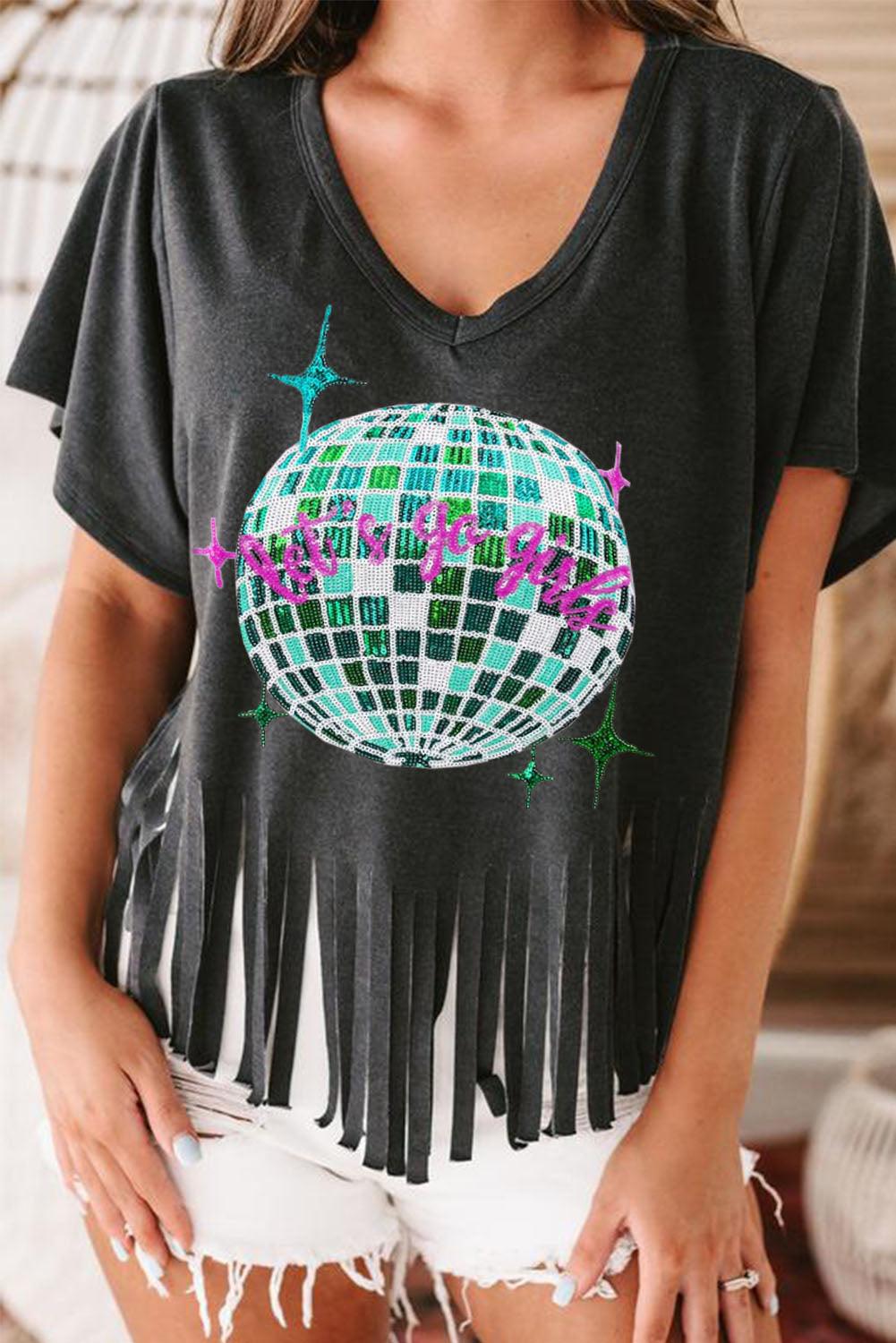 Black Sequined Disco Ball Fringed V Neck T Shirt - L & M Kee, LLC