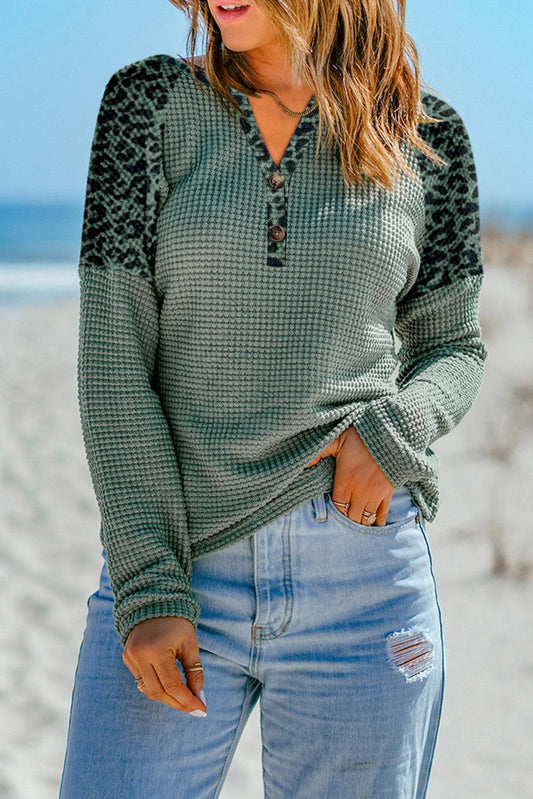 Green Leopard Waffle Knit Buttoned V Neck Blouse - L & M Kee, LLC