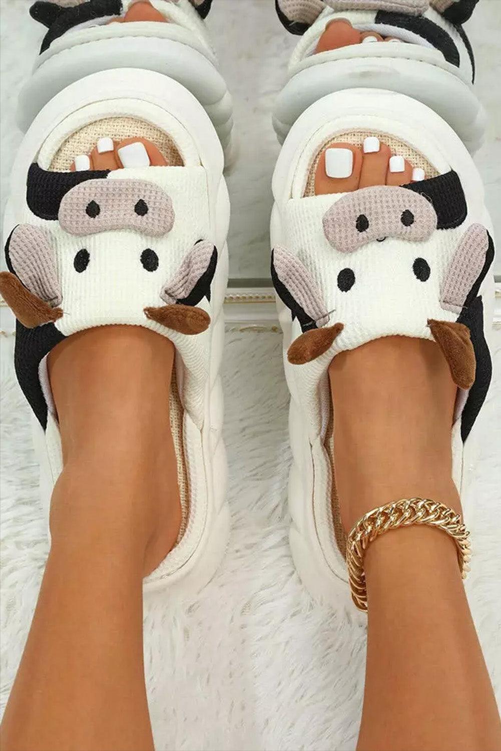 Bright White Cute Cow Pattern Open Toe Slippers - L & M Kee, LLC