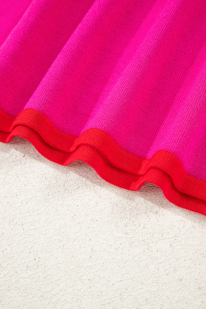 Rose Red Contrast Trim Round Neck Short Sleeve Loose Knit Sweater