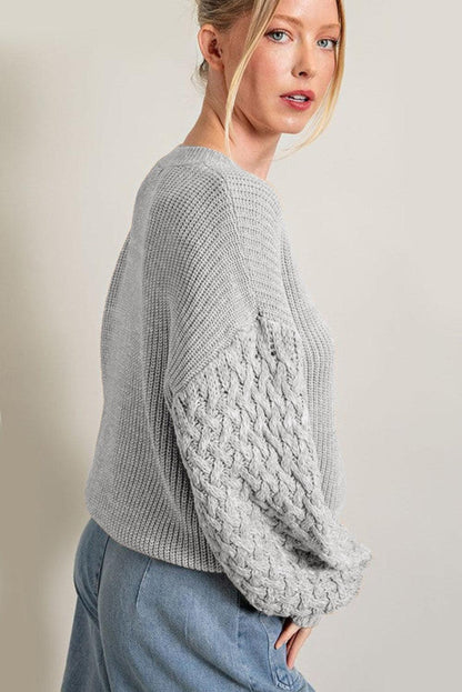 Parchment Cable Knit Sleeve Drop Shoulder Sweater - L & M Kee, LLC