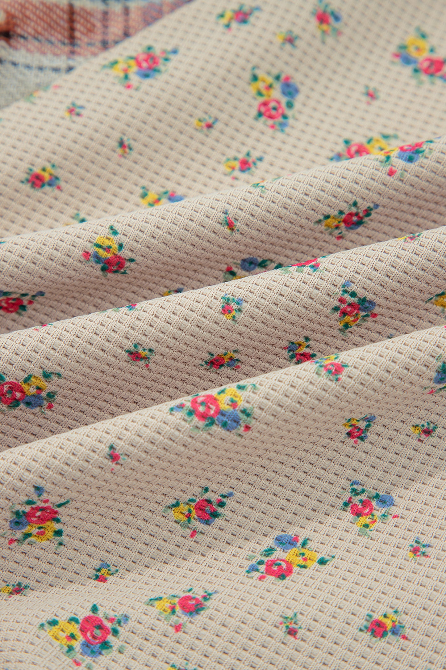 Mist Green Boho Floral Plaid Patchwork Distressed Detail Ruffled Sleeve Waffle Knit Shacket