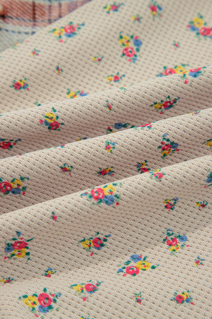 Mist Green Boho Floral Plaid Patchwork Distressed Detail Ruffled Sleeve Waffle Knit Shacket