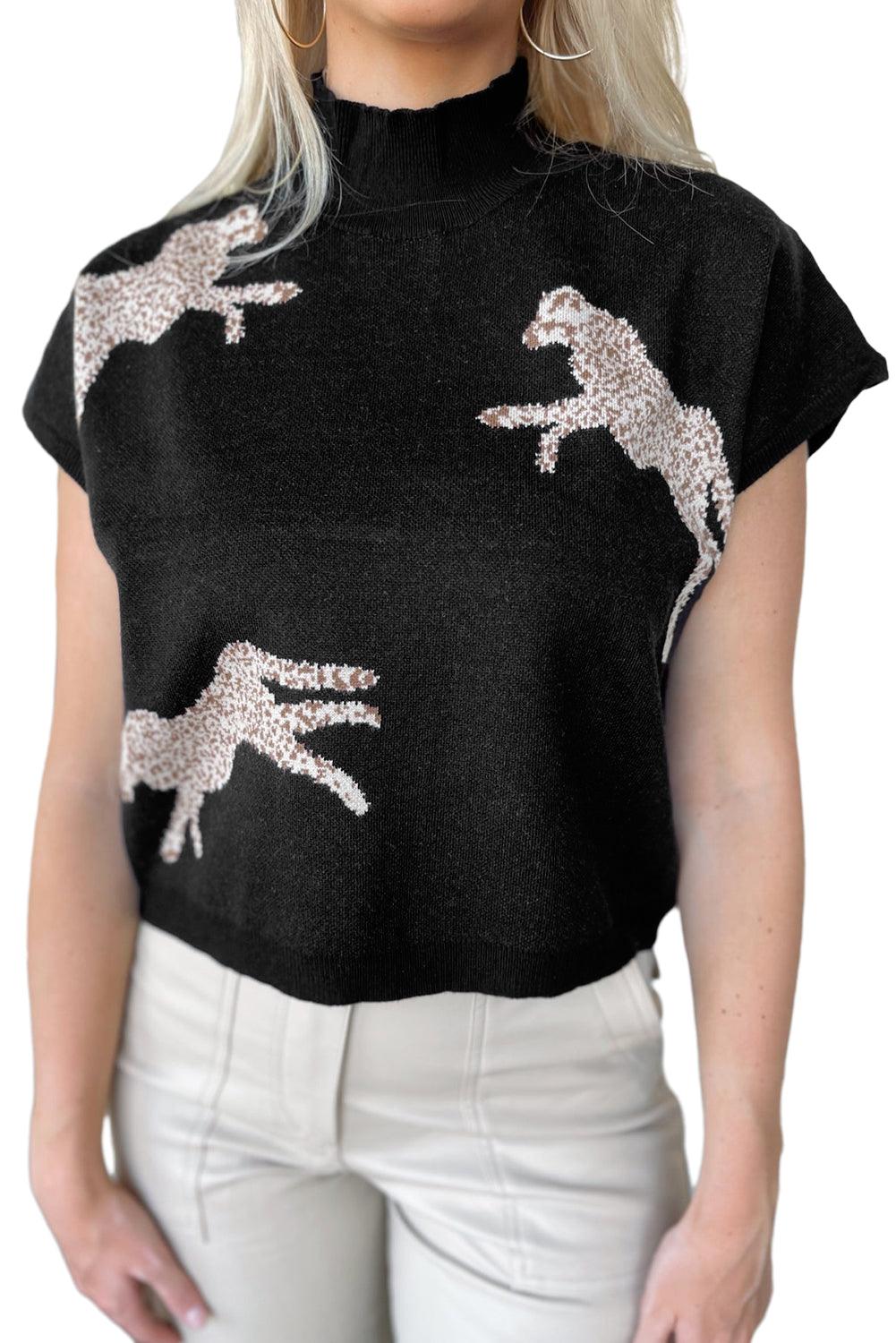 Black Lively Cheetah Pattern High Neck Short Sleeve Sweater - L & M Kee, LLC