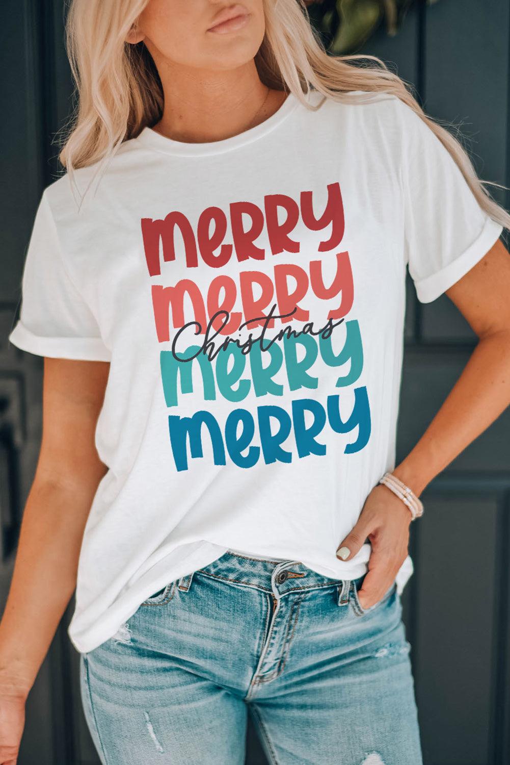 White Merry Christmas Letter Print Crew Neck T Shirt - L & M Kee, LLC