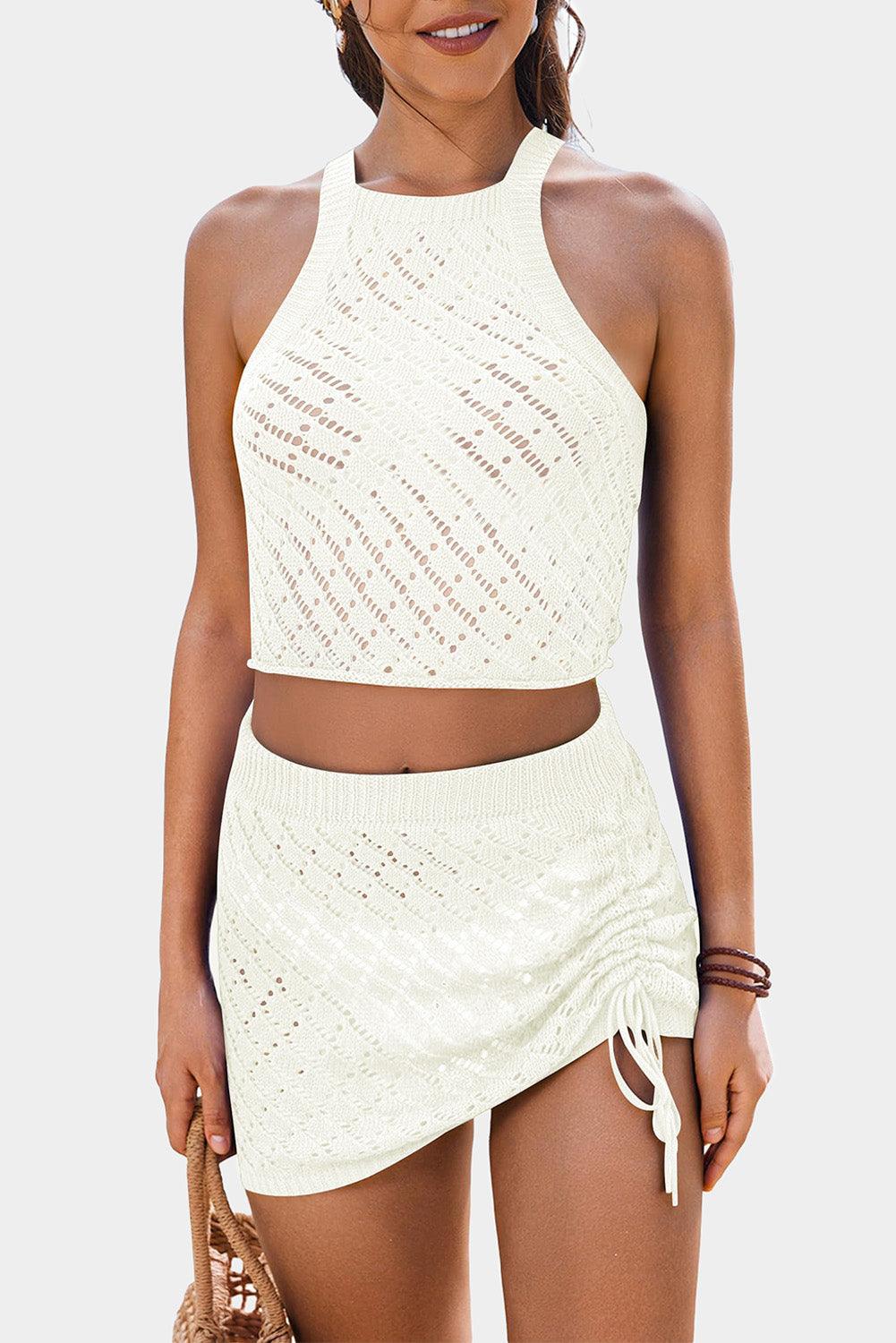 White Hollowed Crochet Cropped 2 Piece Beach Dress - L & M Kee, LLC