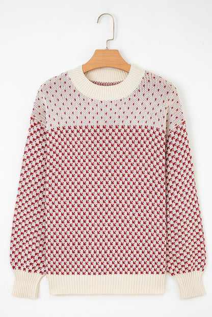 Red Contrast Color Pattern Lantern Sleeve Sweater