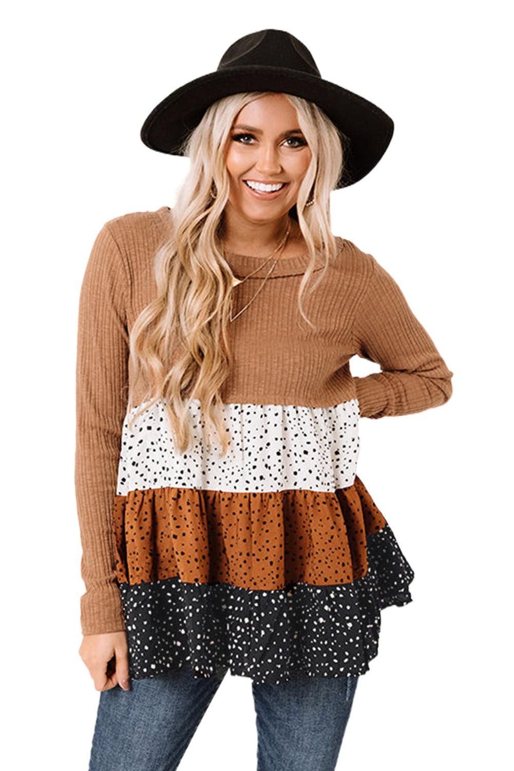 Brown Ribbed Long Sleeve Dotted Tiered Ruffled Flowy Top - L & M Kee, LLC