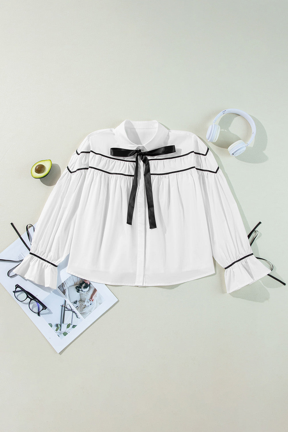 White Black Pipping Ribbon Bowtie Collared Ruffled Puff Sleeve Shirt