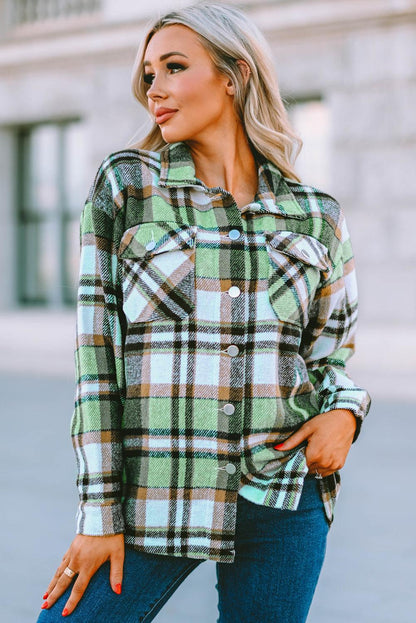 Geometric Plaid Print Pocketed Shacket - L & M Kee, LLC